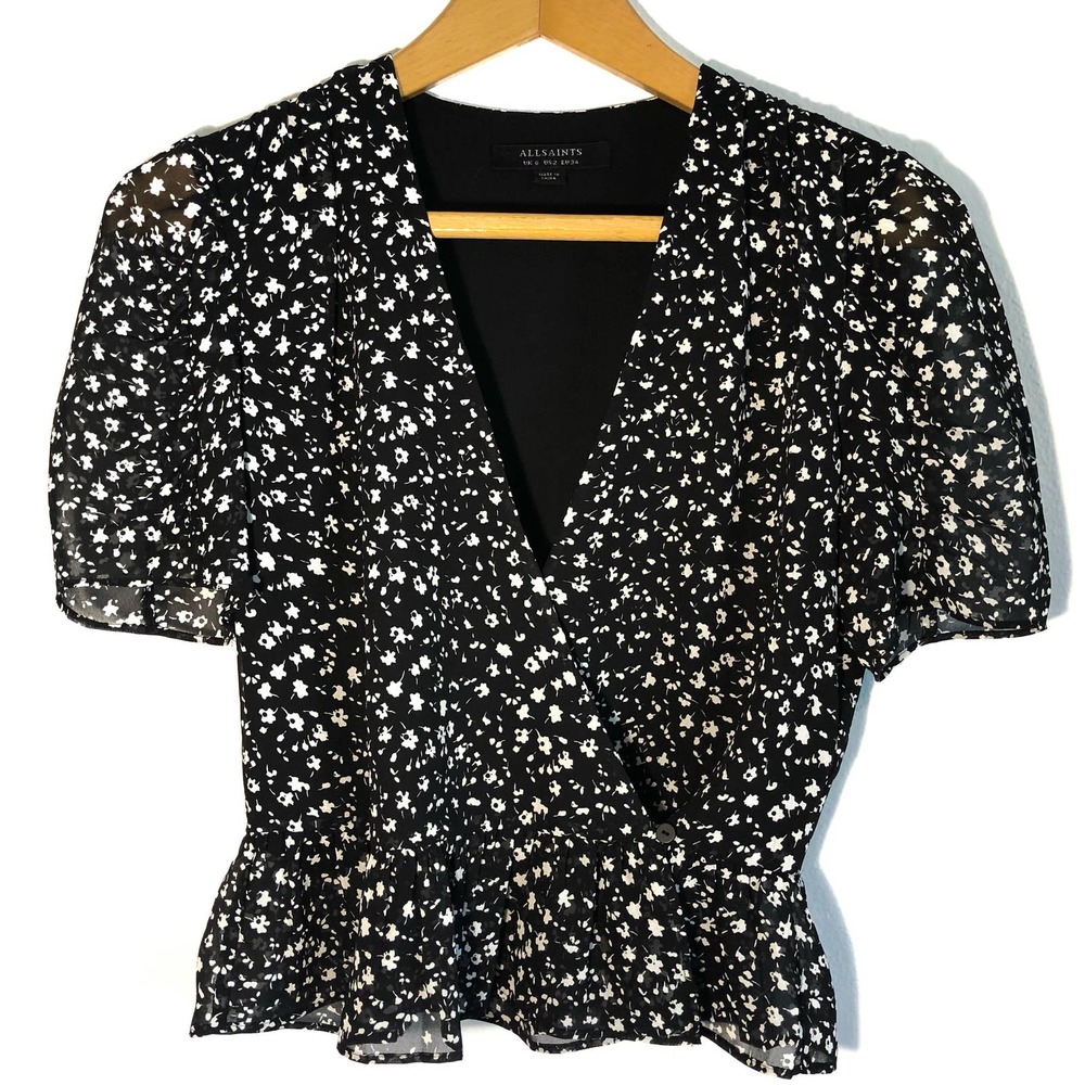 All Saints Black and White Floral Wrap Blouse